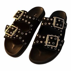 Aqua AQ-HELLE Black Suede Studded Buckle Slides Size 8 New